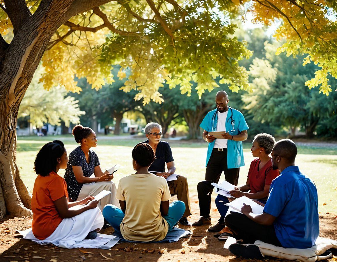 A warm and inviting scene depicting a diverse group of people, including patients, caregivers, and healthcare professionals, engaged in a circle discussion outdoors under a tree. They are sharing resources such as pamphlets and laptops, symbolizing education and support. In the background, a soft sunlight filters through leaves, enhancing a sense of hope and community. super-realistic. vibrant colors. warm tones.