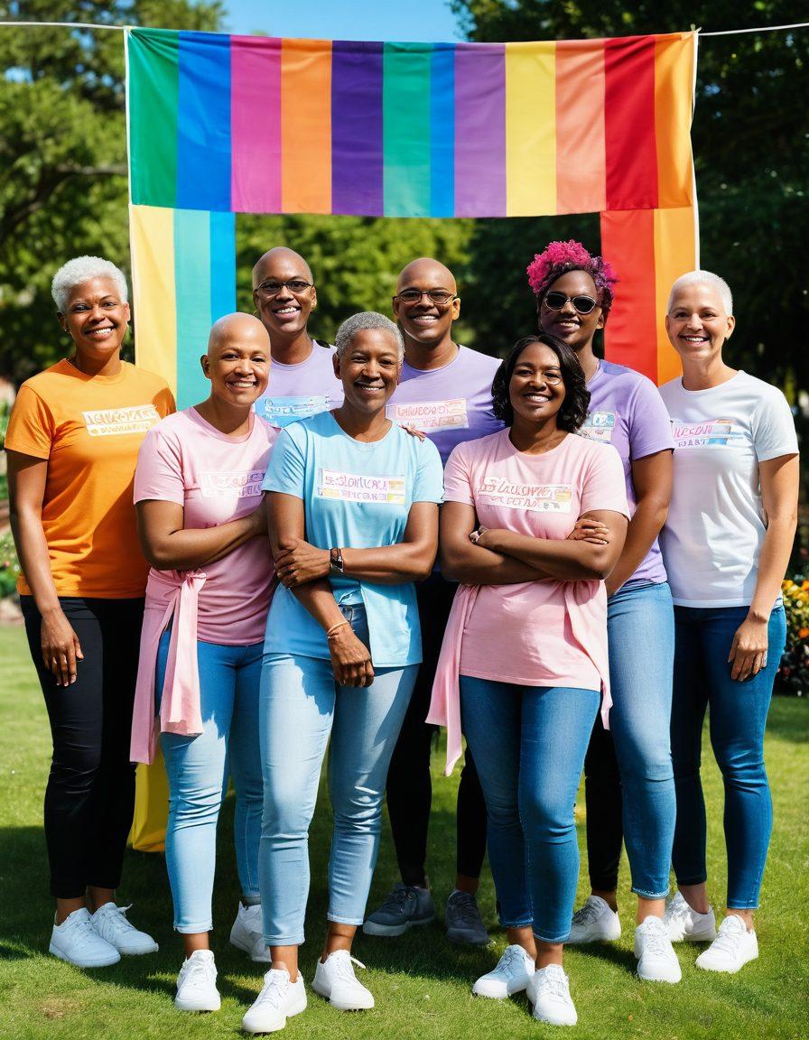A diverse group of LGBTQ+ cancer survivors standing together, symbolizing strength and hope, surrounded by colorful banners advocating for awareness and support. Their expressions show resilience, while a soft sunlight highlights a peaceful park setting, filled with blooming flowers. Include subtle rainbow elements in the background to represent pride and unity. super-realistic. vibrant colors. soft focus.