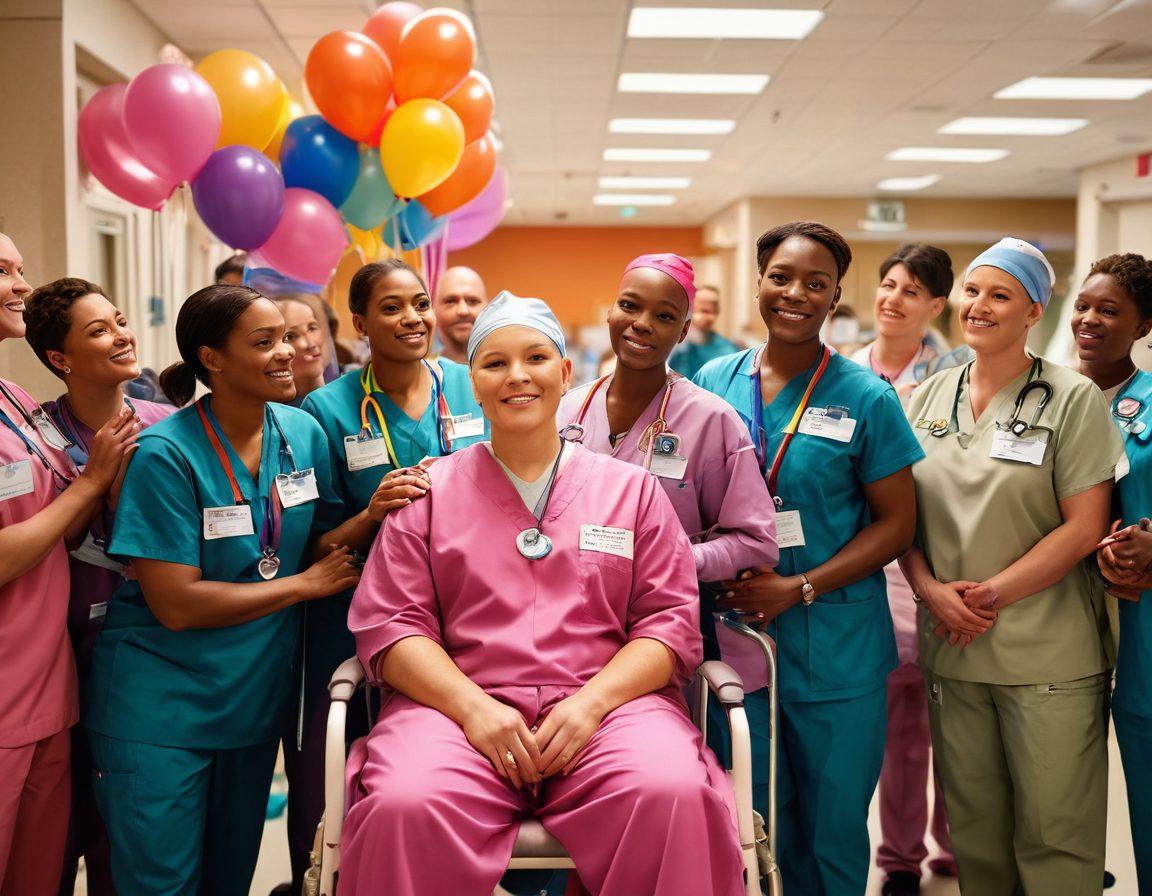 A vibrant and uplifting scene showcasing a diverse group of LGBTQ+ individuals in a hospital or support setting, surrounded by supportive medical staff. Include colorful banners that promote empowerment and awareness, as well as symbols of cancer care, like ribbons and healthcare tools. The atmosphere should radiate hope and solidarity, emphasizing community and resilience. super-realistic. vibrant colors. warm lighting.